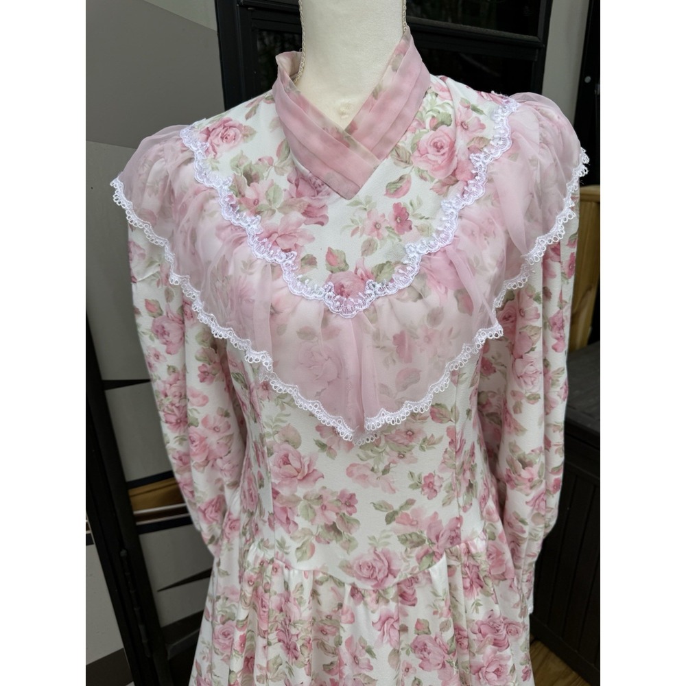 Vintage Hand Made 70s Pink Floral Prairie Maxi Long Sleeve Lace Trim Size 2/4 - Picture 2 of 8